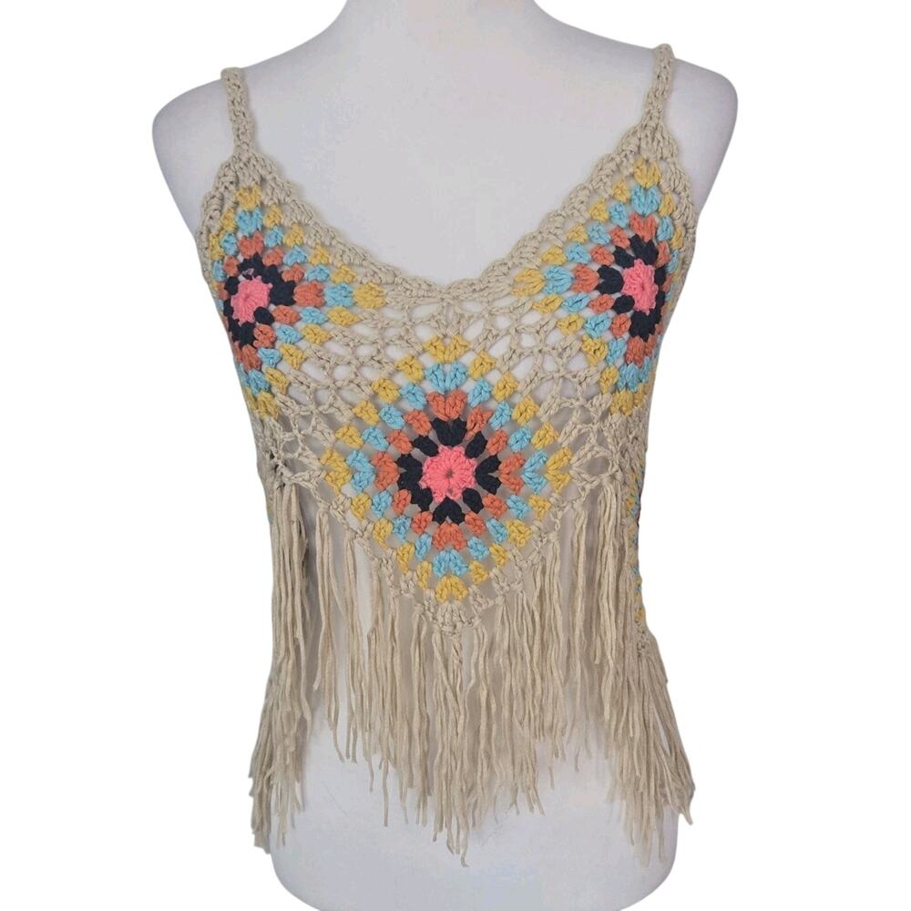 Boho Crochet Granny Square Fringed Open Knit Tank Crop Top Festival Vivid Sz M